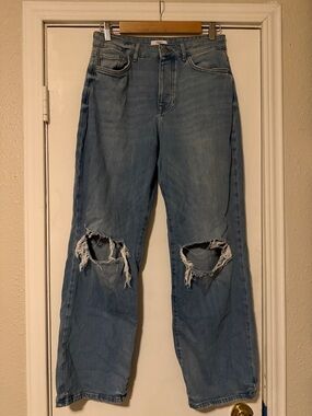 Forever 21 Light Blue Distressed Wide-Leg Jeans